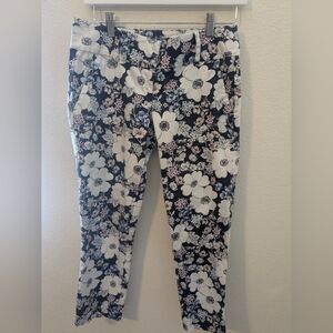 Ann Taylor Navy Floral Ankle Pants Slim Fit Career Casual Size 0